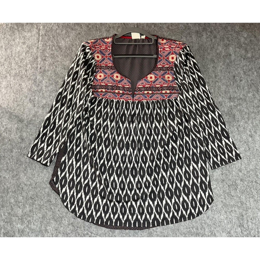 One September Blouse Womens Large Multicolor Embroidered Boho Tunic Top Ikat